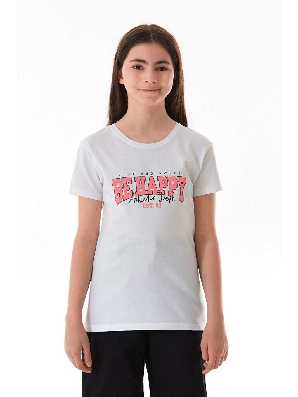 Beyaz %100 Pamuk Be Happy Baskılı Kız Çocuk Tişört-1