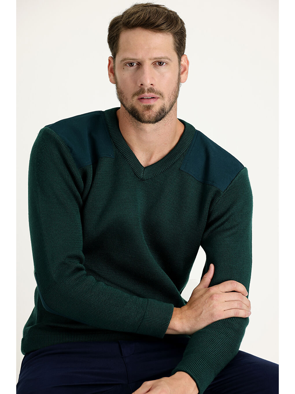 Yeşil V Yaka Super Slim Fit Ekstra Dar Kesim Çelik Örgü Triko Kazak