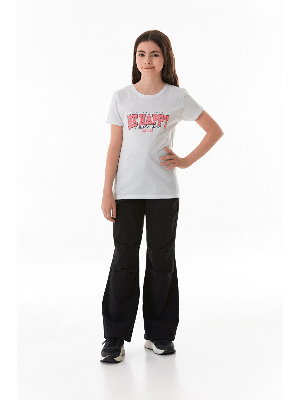 Beyaz %100 Pamuk Be Happy Baskılı Kız Çocuk Tişört-4