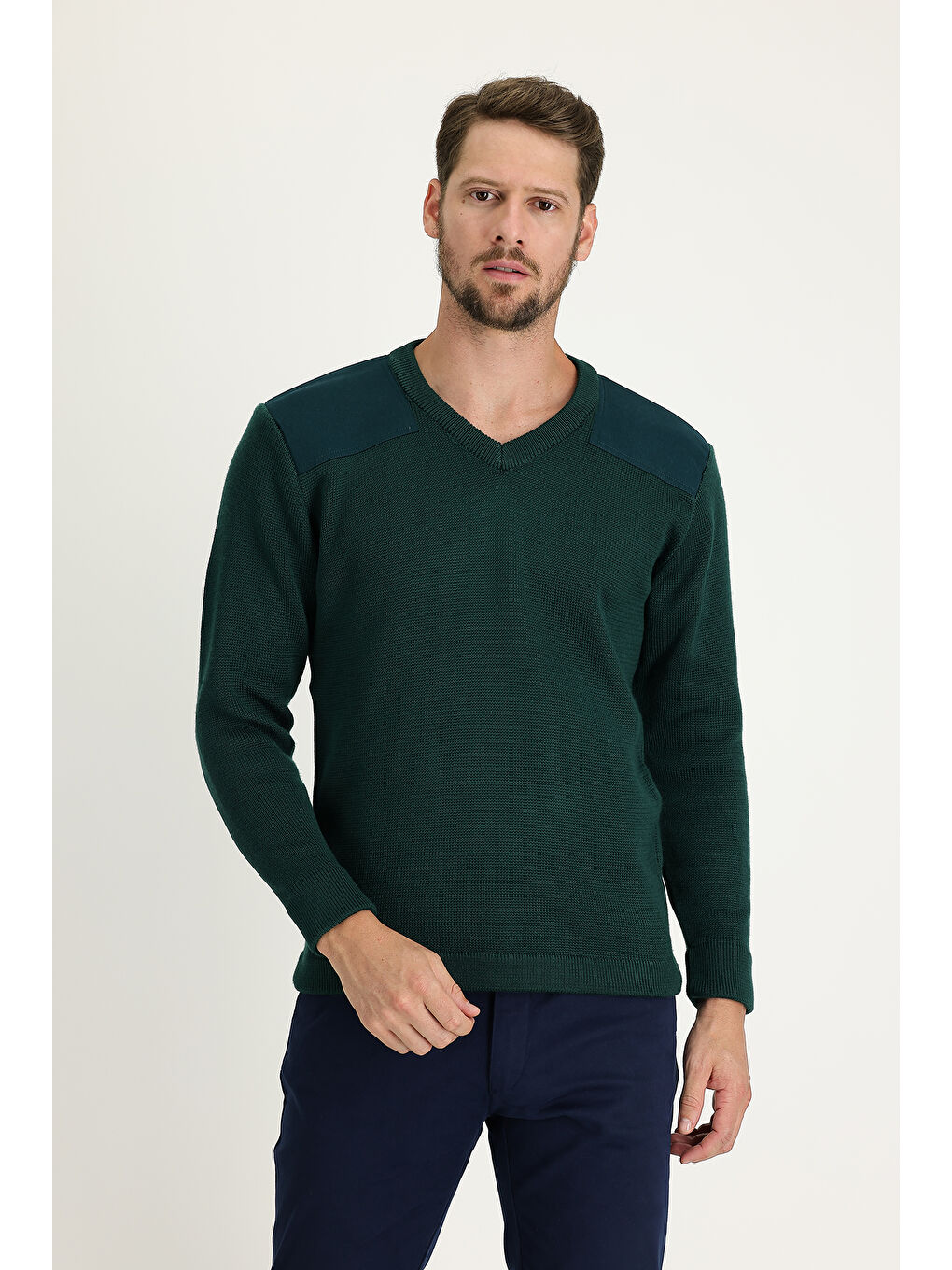 Yeşil V Yaka Super Slim Fit Ekstra Dar Kesim Çelik Örgü Triko Kazak-1