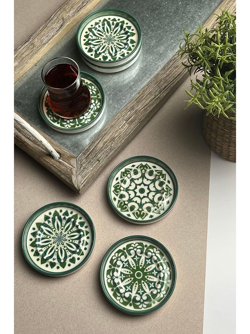 TABAK EVİ Beyaz-Renklibaskı Stoneware Mozaik Green Sefa 6 lı Çay Tabağı 10cm