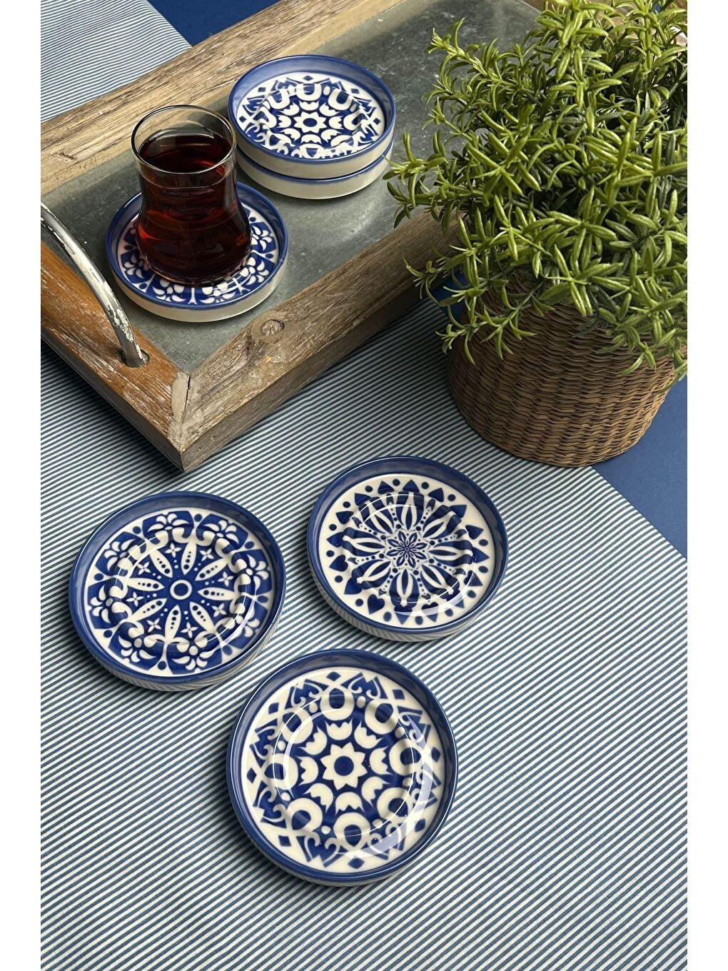 TABAK EVİ Beyaz Stoneware Mozaik Blue Sefa 6 lı Çay Tabağı 10cm