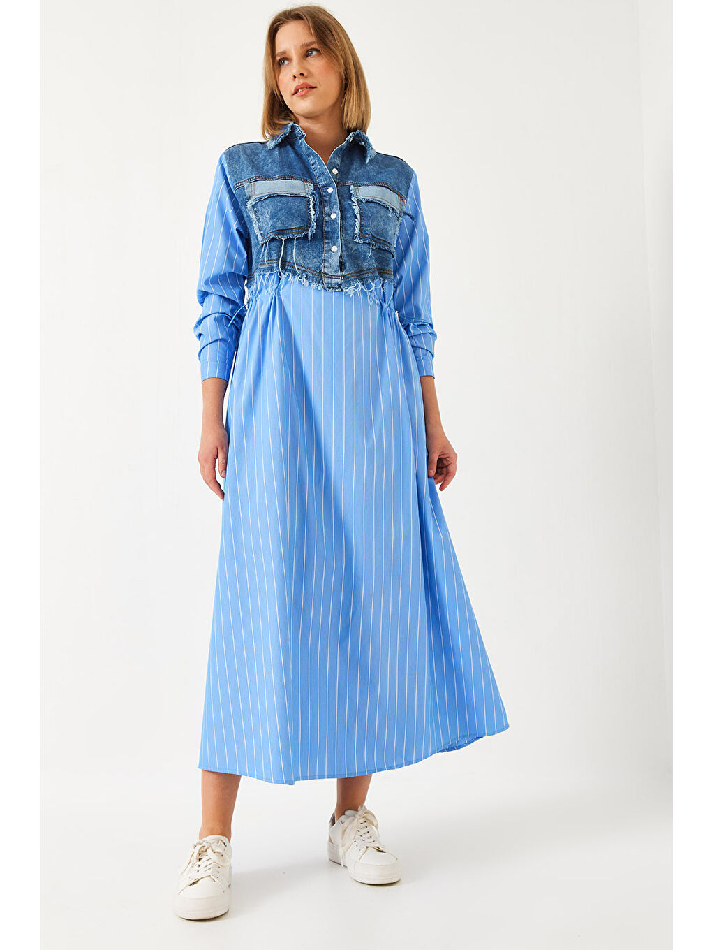 Mavi Kadın Denim Garnili Uzun Kloş Elbise