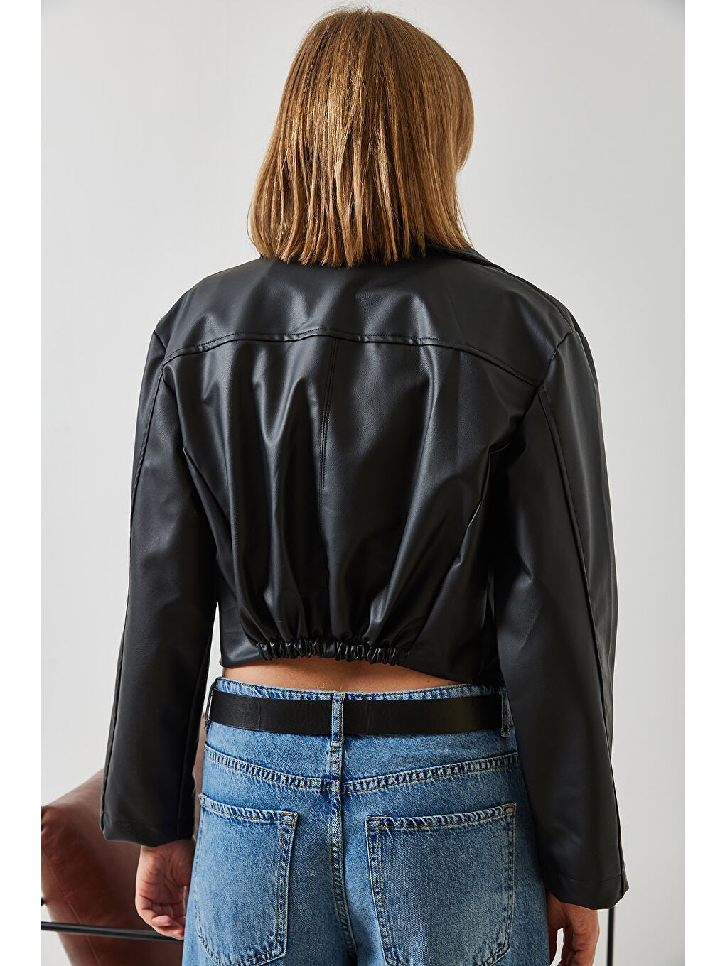 Siyah Kadın Asimetrik Fermuar Detay Deri Ceket-3