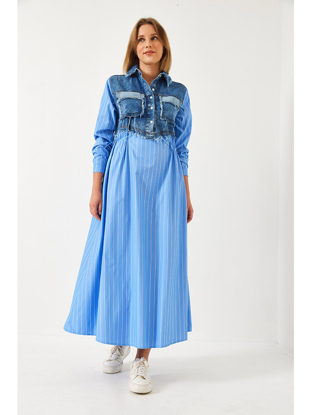 Mavi Kadın Denim Garnili Uzun Kloş Elbise-1