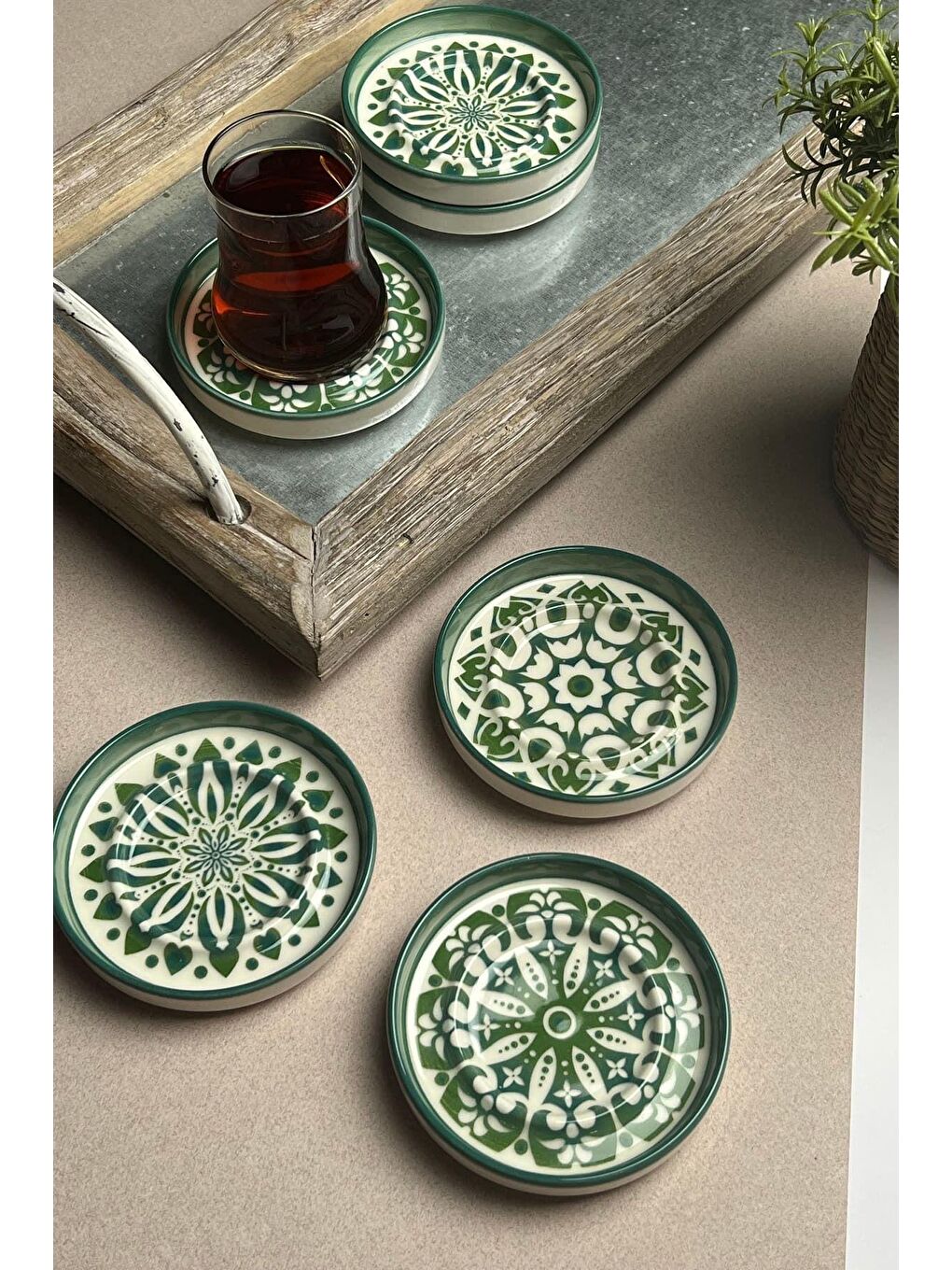 TABAK EVİ Beyaz-Renklibaskı Stoneware Mozaik Green Sefa 6 lı Çay Tabağı 10cm - 1