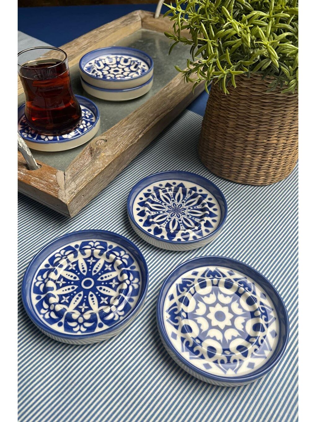 TABAK EVİ Beyaz Stoneware Mozaik Blue Sefa 6 lı Çay Tabağı 10cm - 1