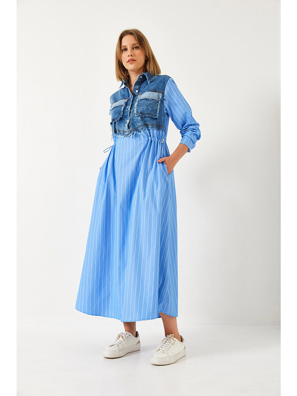 Mavi Kadın Denim Garnili Uzun Kloş Elbise-2