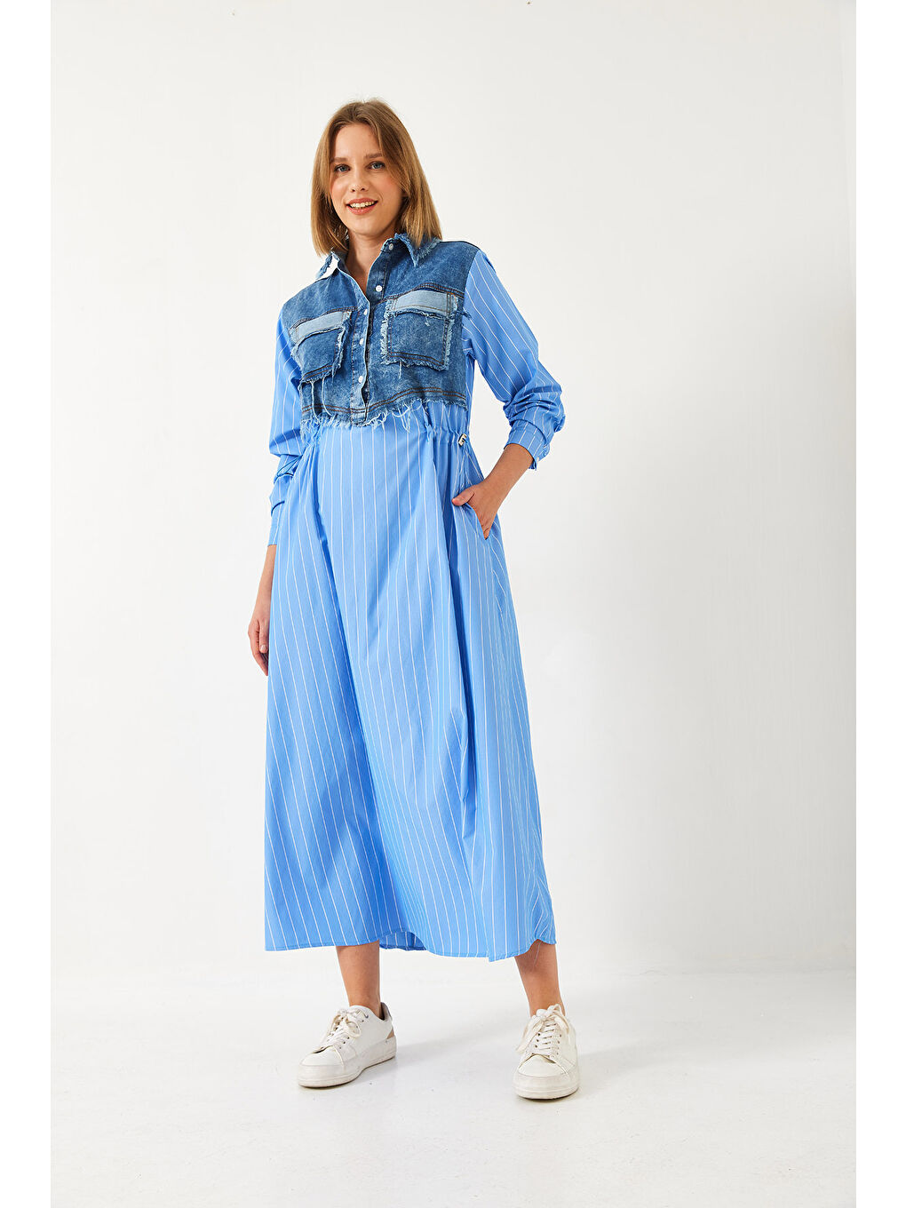 Mavi Kadın Denim Garnili Uzun Kloş Elbise-3