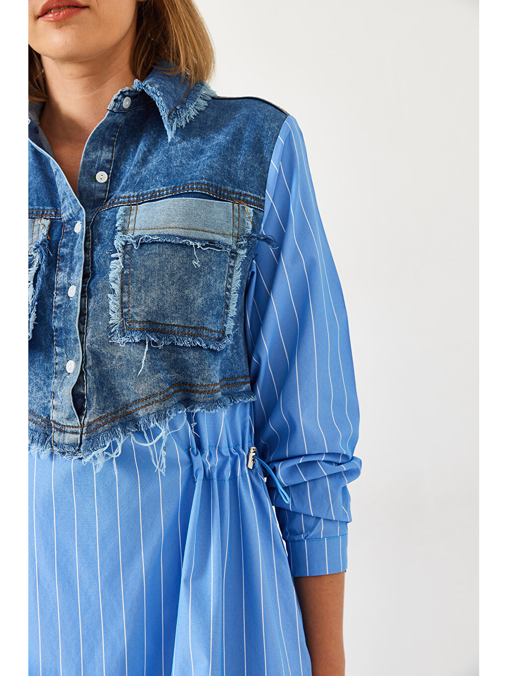 Mavi Kadın Denim Garnili Uzun Kloş Elbise-4