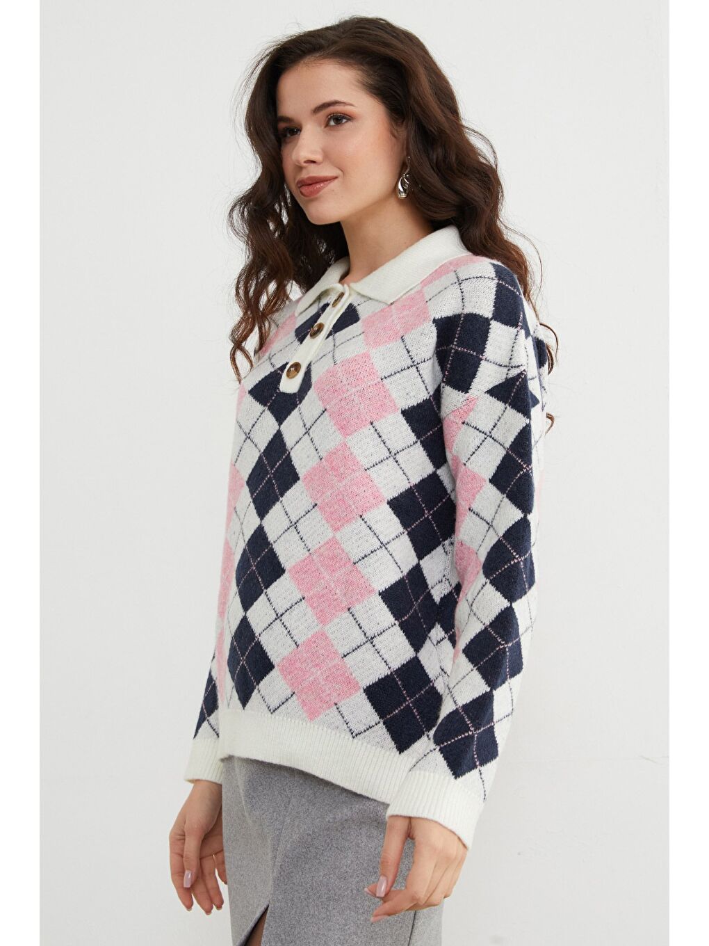 Pembe Baklava Desenli Yarım Düğmeli Polo Yaka Triko Kazak-2