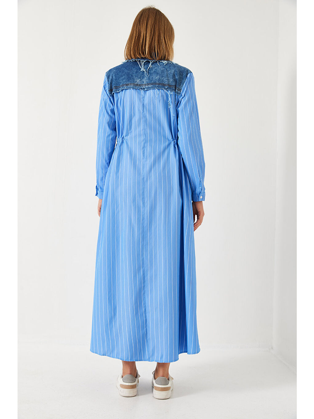 Mavi Kadın Denim Garnili Uzun Kloş Elbise-5