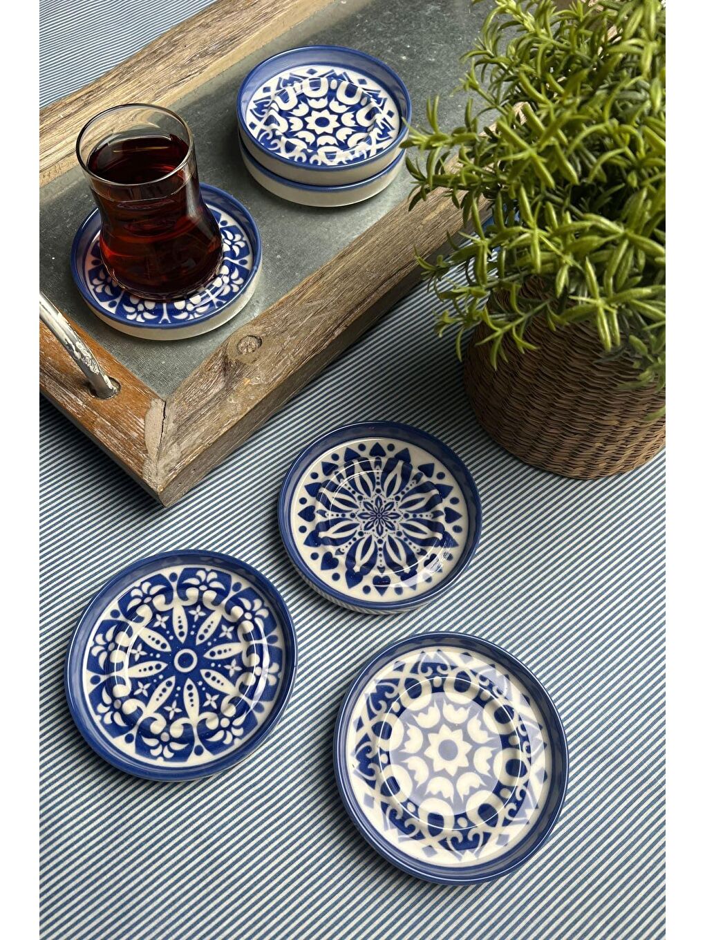 TABAK EVİ Beyaz Stoneware Mozaik Blue Sefa 6 lı Çay Tabağı 10cm - 2