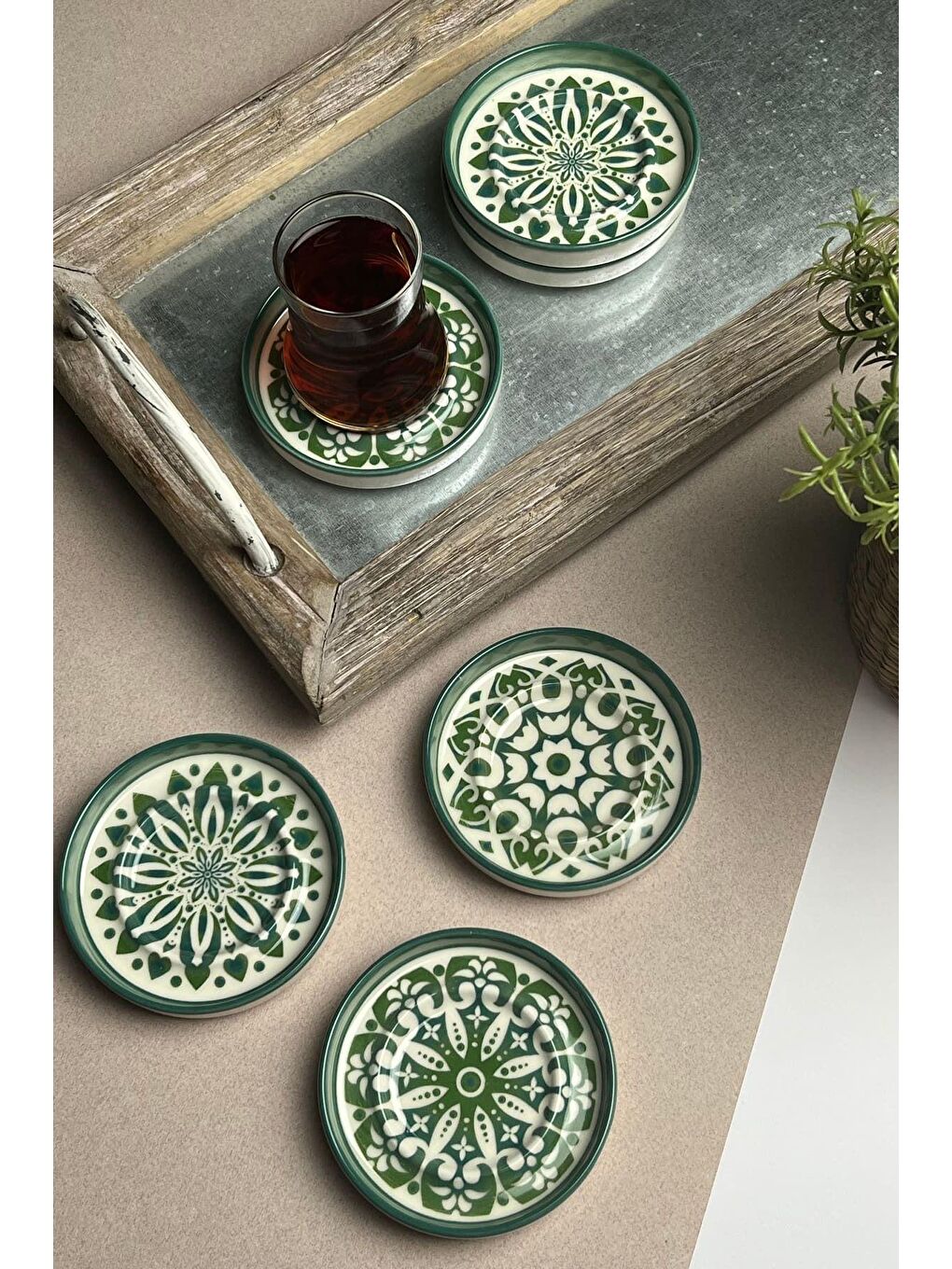 TABAK EVİ Beyaz-Renklibaskı Stoneware Mozaik Green Sefa 6 lı Çay Tabağı 10cm - 2