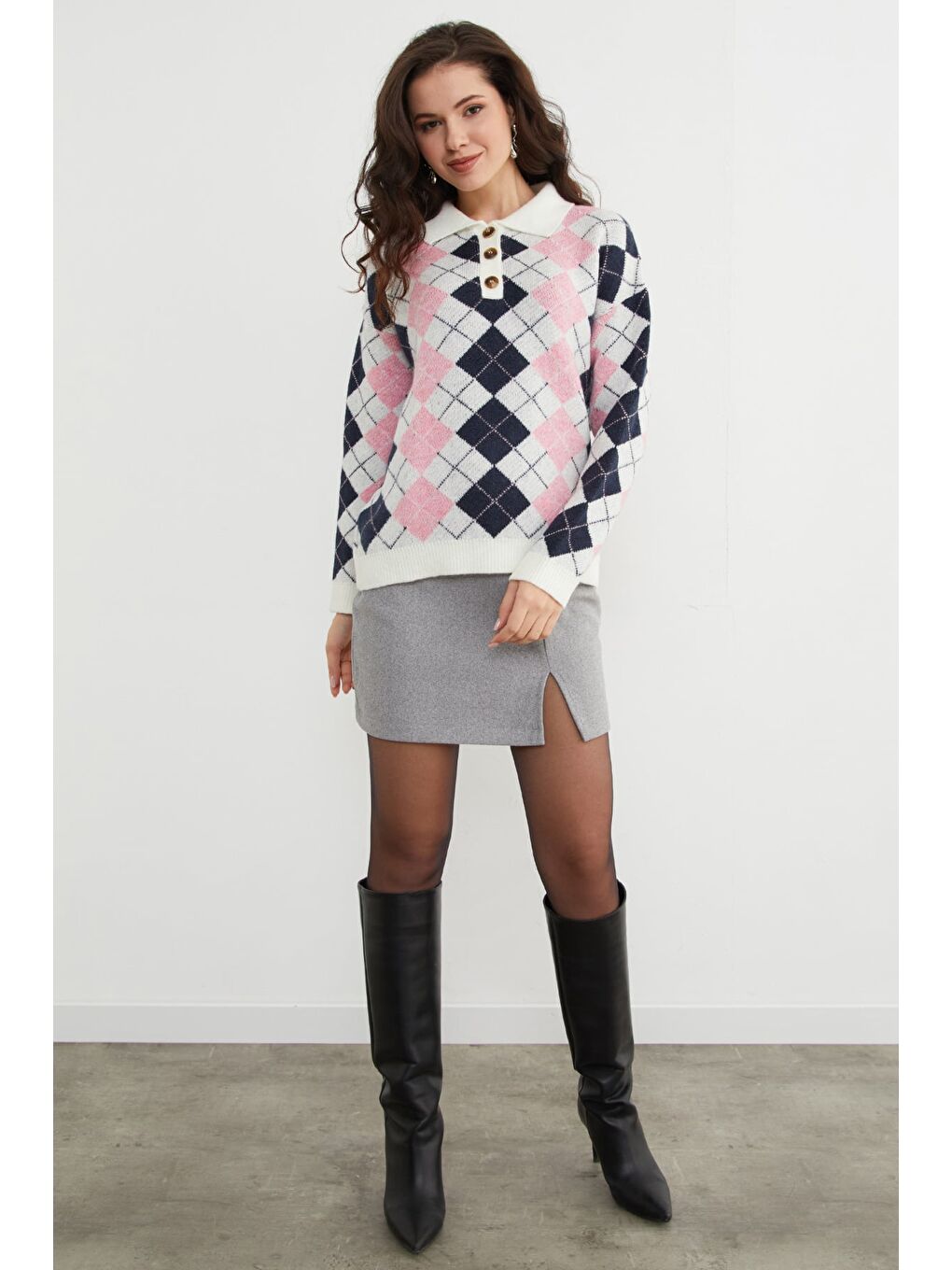 Pembe Baklava Desenli Yarım Düğmeli Polo Yaka Triko Kazak-3