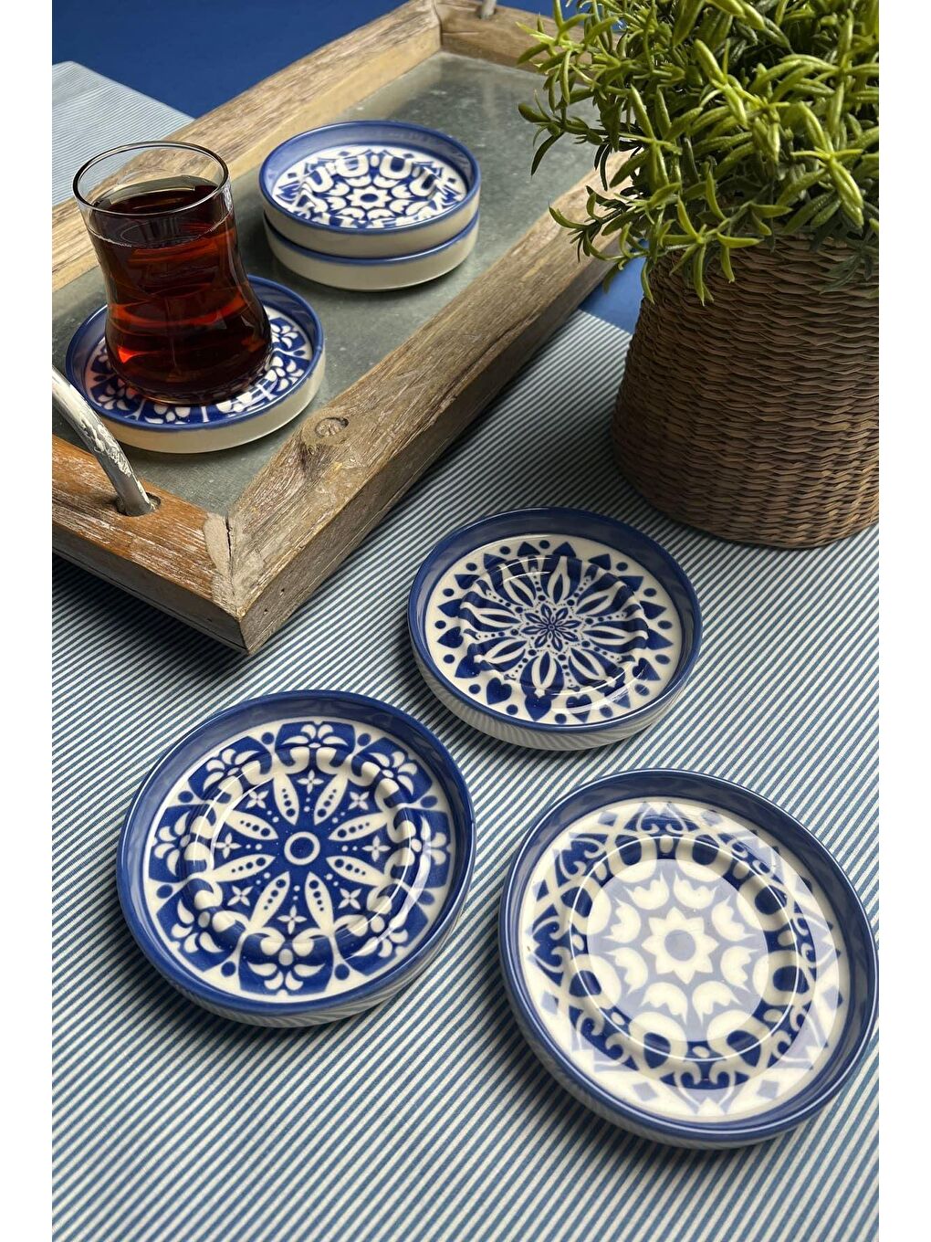 TABAK EVİ Beyaz Stoneware Mozaik Blue Sefa 6 lı Çay Tabağı 10cm - 3