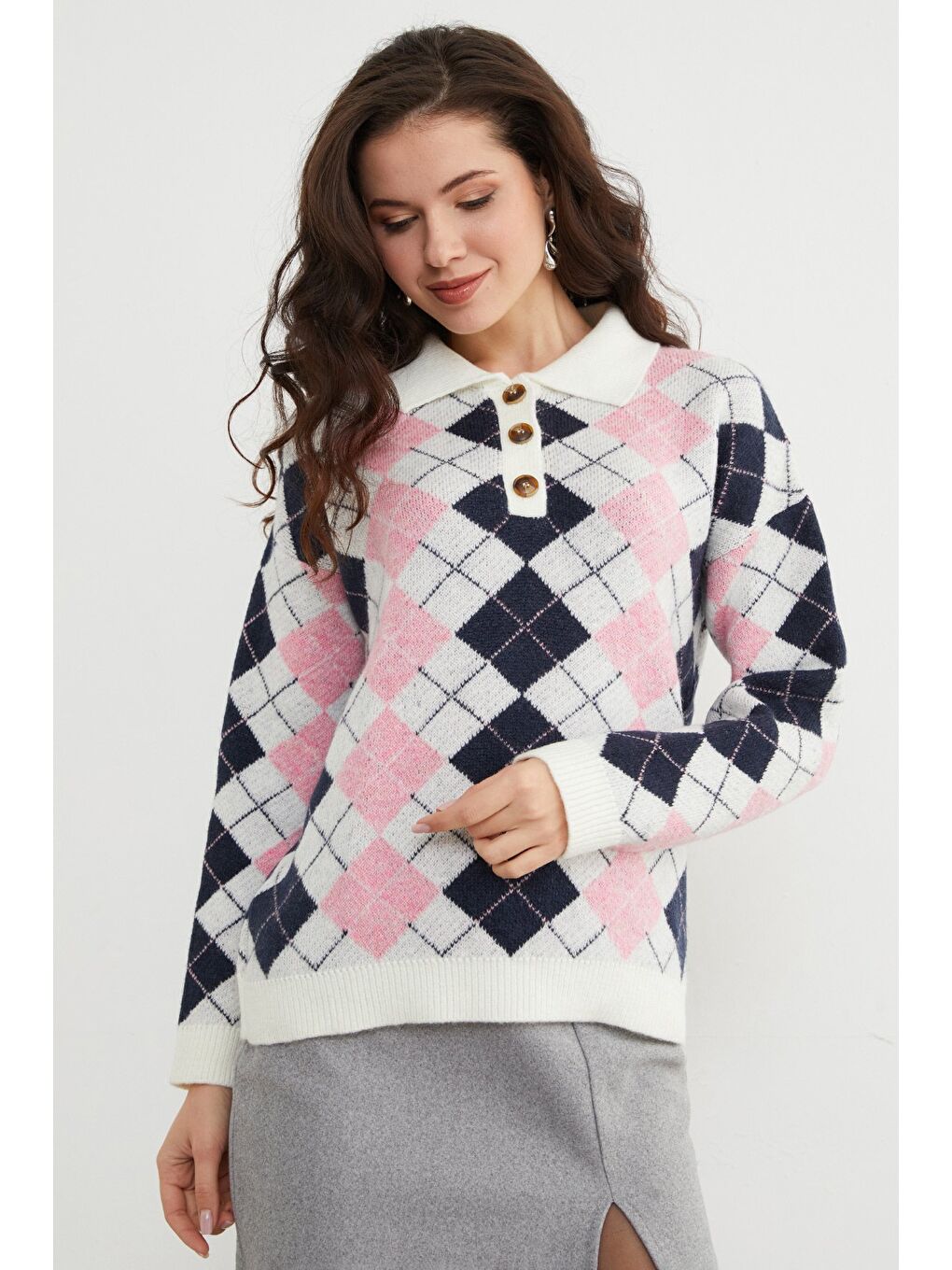 Pembe Baklava Desenli Yarım Düğmeli Polo Yaka Triko Kazak-4