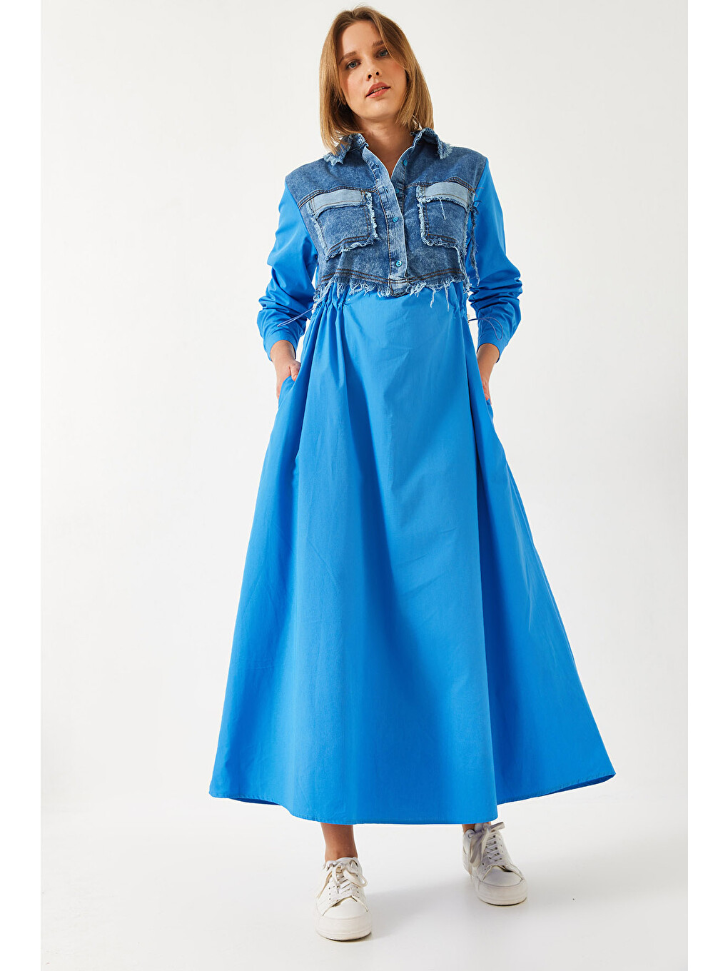 İndigo Kadın Denim Garnili Uzun Kloş Elbise