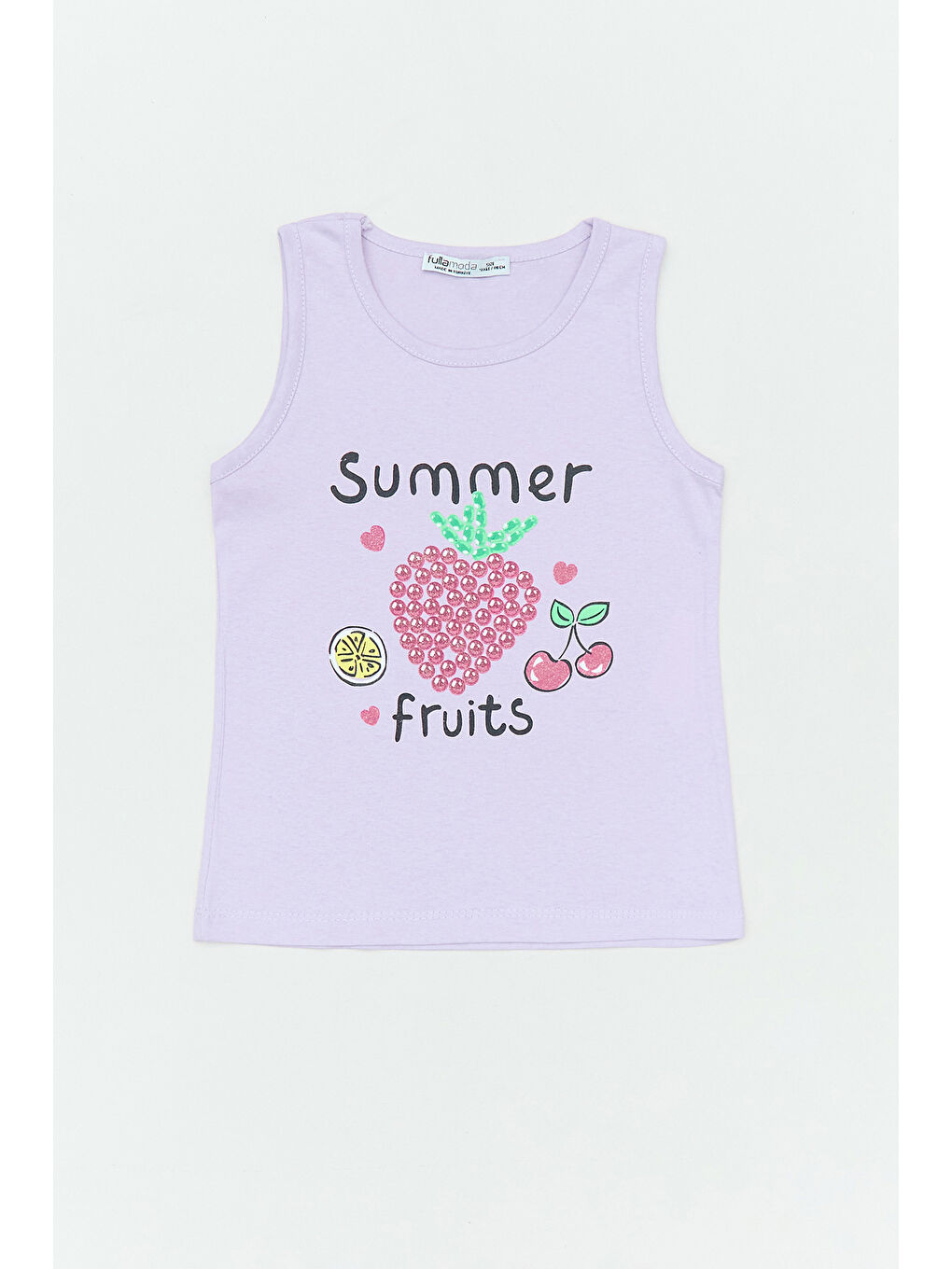 Lila %100 Pamuk Yazı Ve Meyve Baskılı Kalın Askılı Kız Çocuk Tişört