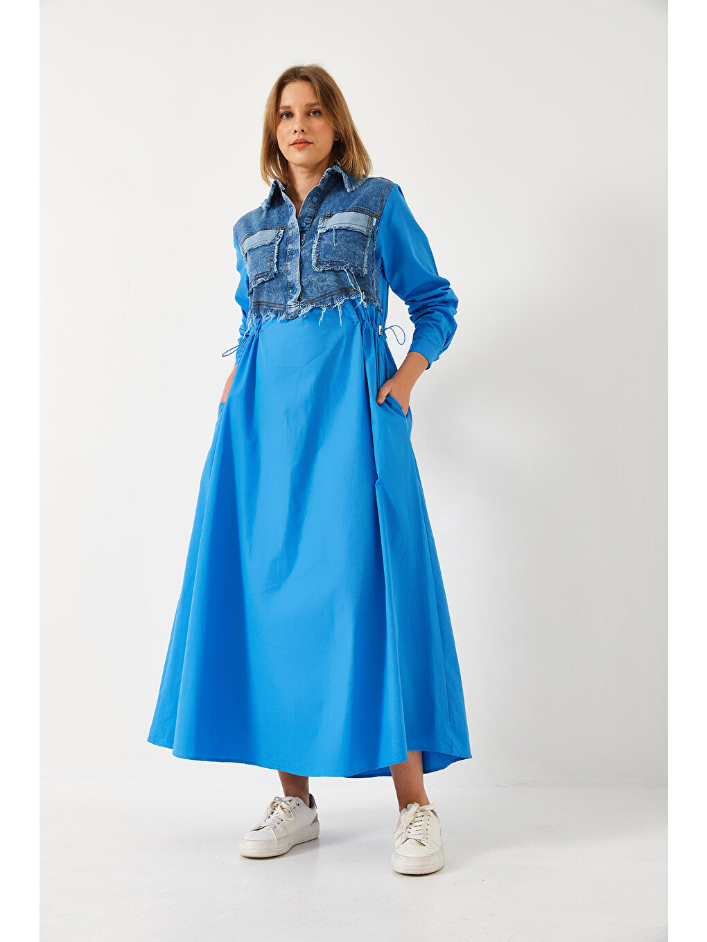 İndigo Kadın Denim Garnili Uzun Kloş Elbise-1