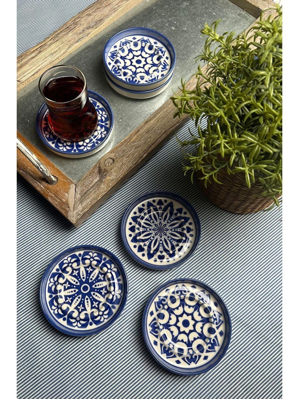 TABAK EVİ Beyaz Stoneware Mozaik Blue Sefa 6 lı Çay Tabağı 10cm - 4