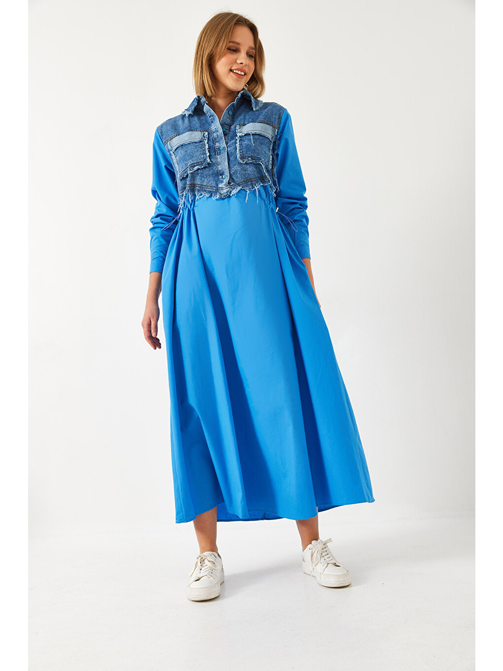 İndigo Kadın Denim Garnili Uzun Kloş Elbise-2