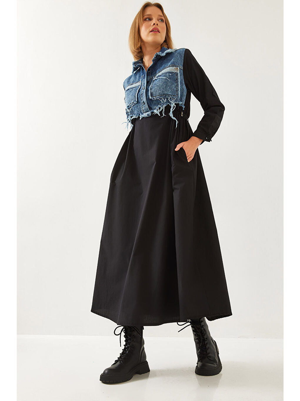 Siyah Kadın Denim Garnili Uzun Kloş Elbise