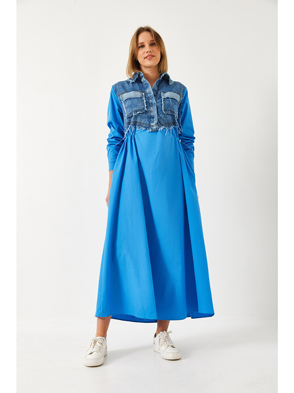 İndigo Kadın Denim Garnili Uzun Kloş Elbise-3
