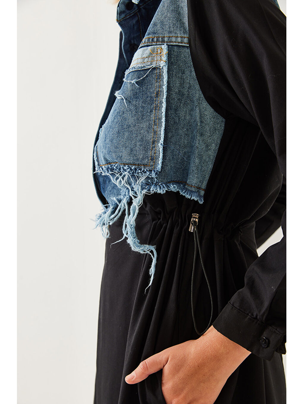 Siyah Kadın Denim Garnili Uzun Kloş Elbise-1