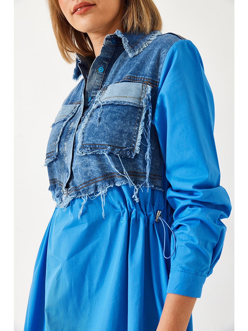 İndigo Kadın Denim Garnili Uzun Kloş Elbise-4