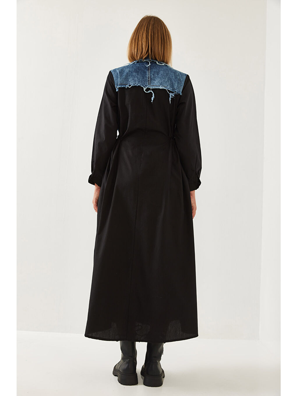 Siyah Kadın Denim Garnili Uzun Kloş Elbise-2