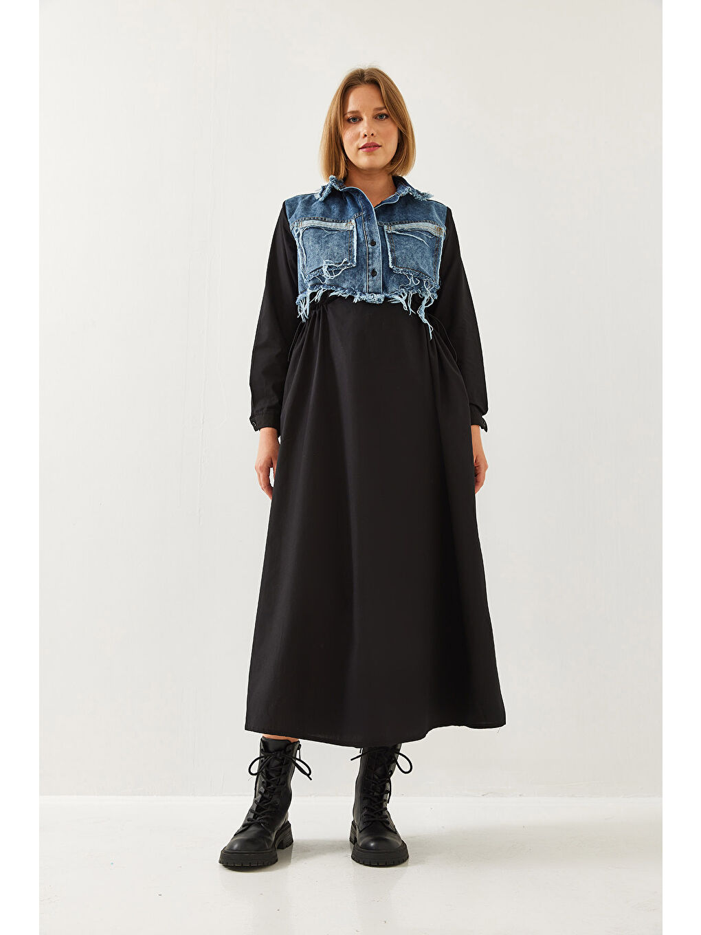 Siyah Kadın Denim Garnili Uzun Kloş Elbise-3