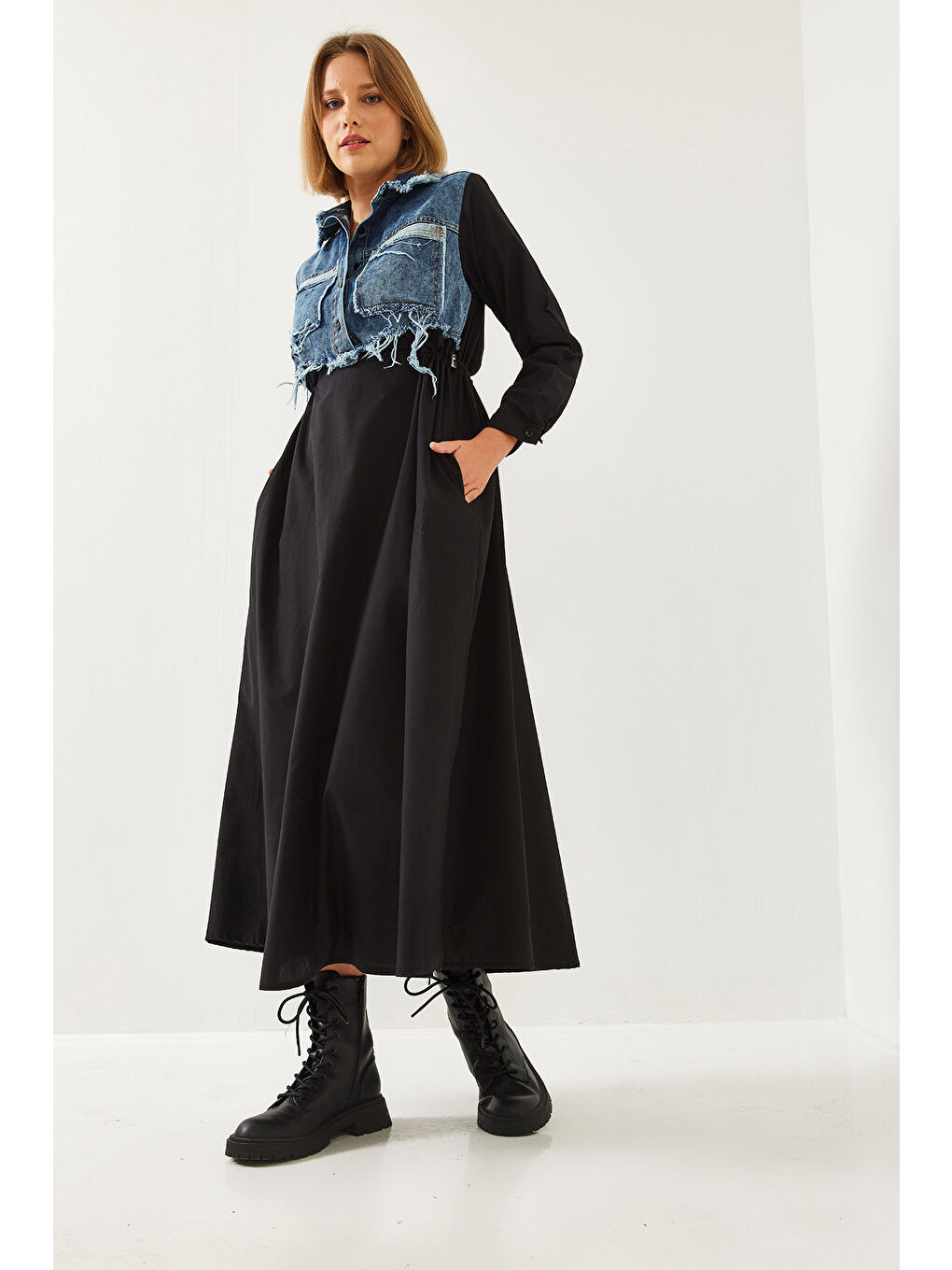 Siyah Kadın Denim Garnili Uzun Kloş Elbise-4