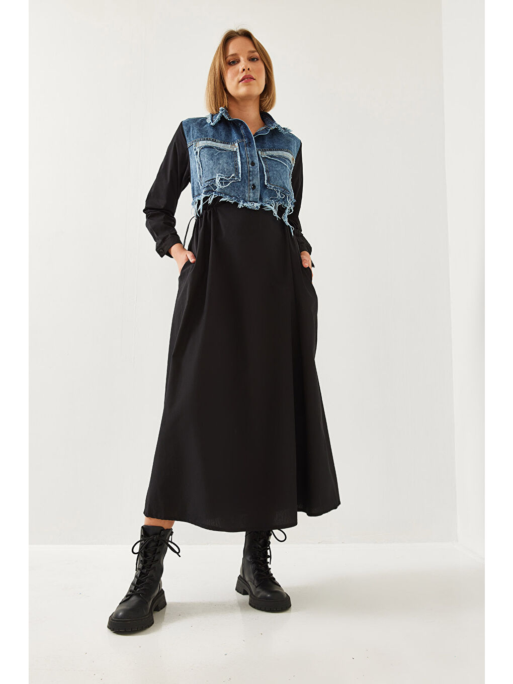 Siyah Kadın Denim Garnili Uzun Kloş Elbise-5