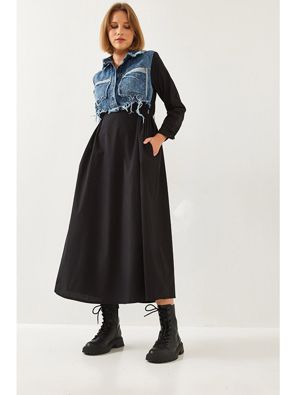 Siyah Kadın Denim Garnili Uzun Kloş Elbise-6
