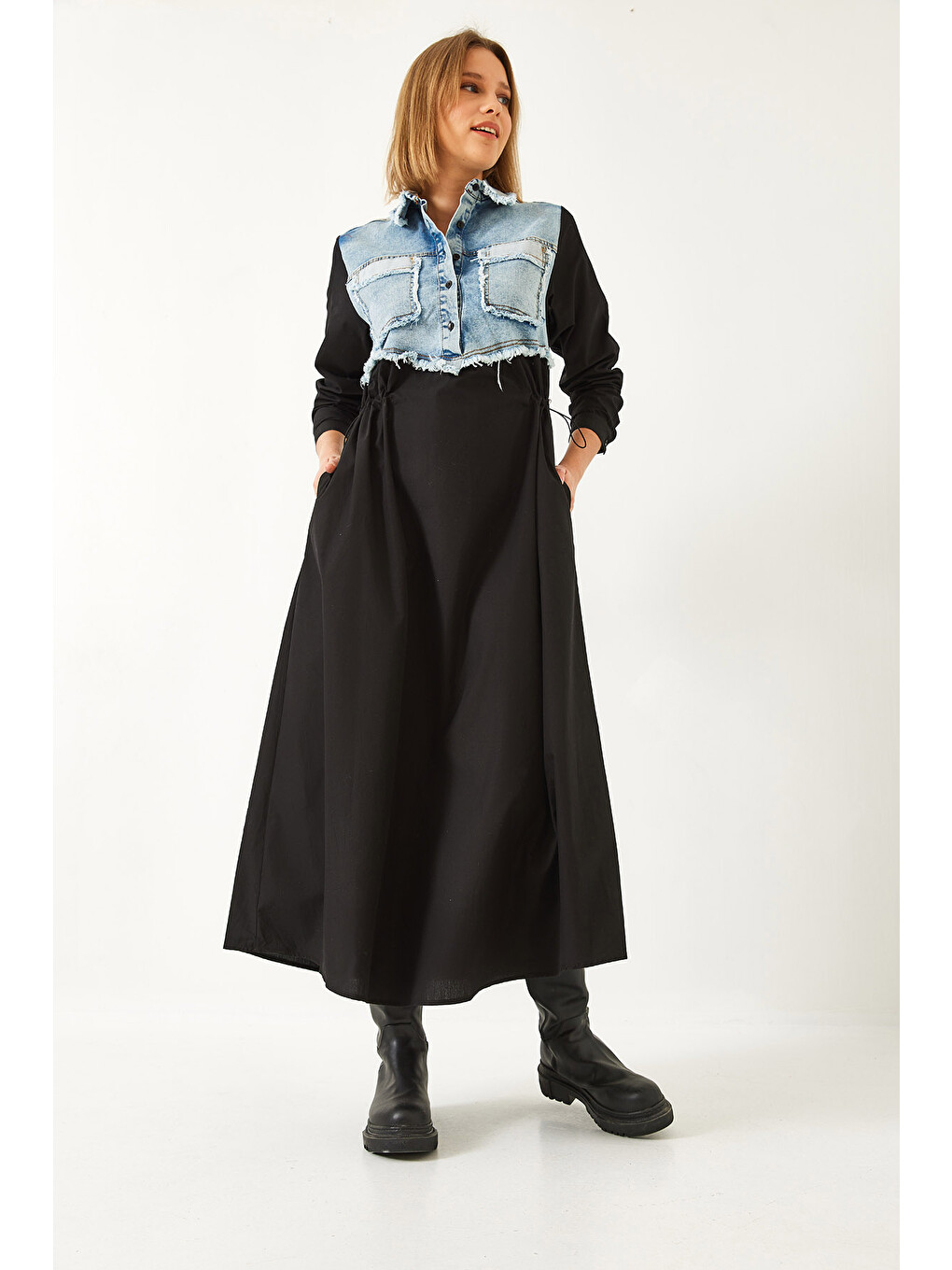 Mavi Kadın Denim Garnili Uzun Kloş Elbise-1
