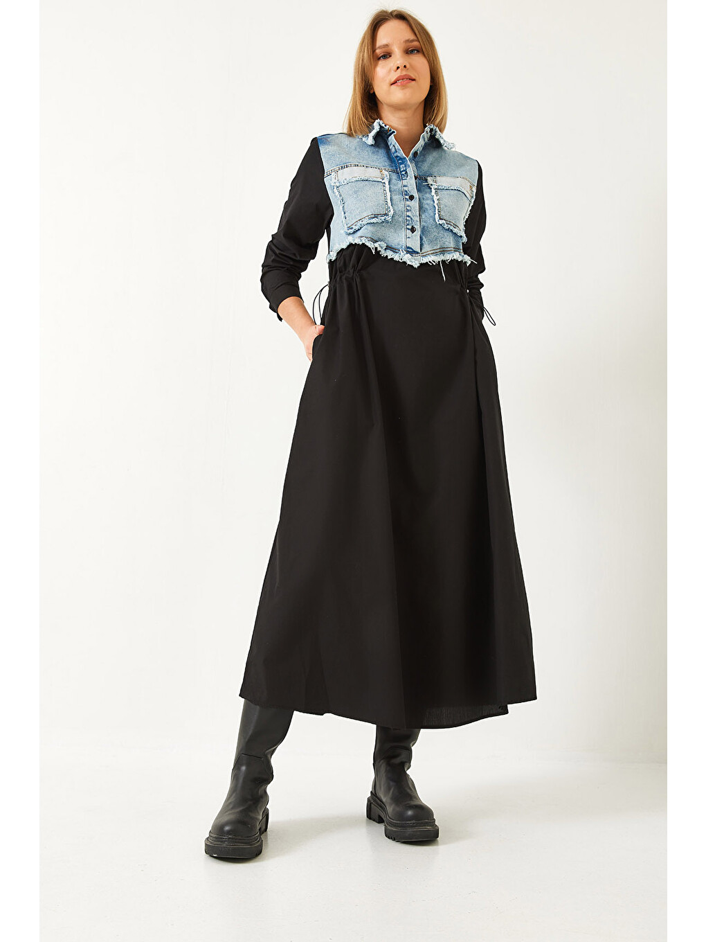 Mavi Kadın Denim Garnili Uzun Kloş Elbise-2