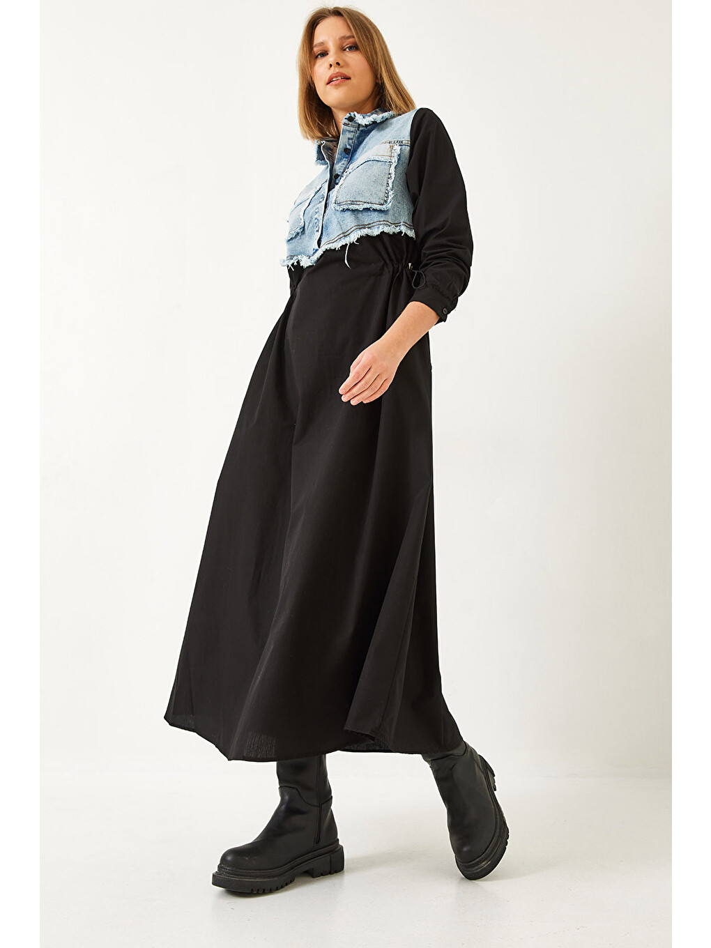 Mavi Kadın Denim Garnili Uzun Kloş Elbise-3