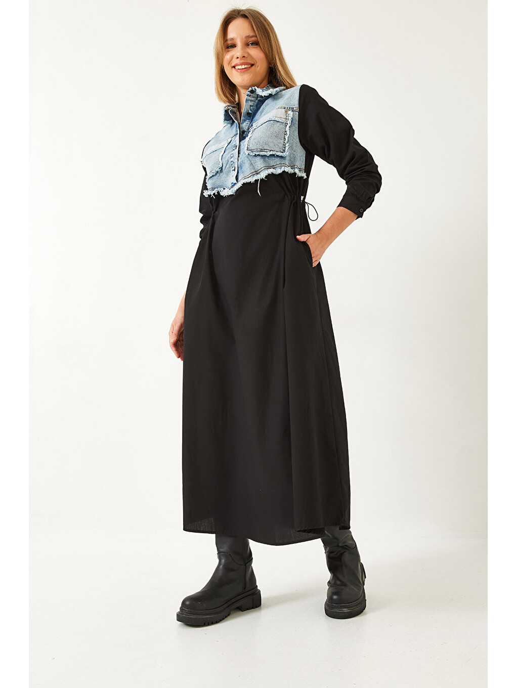 Mavi Kadın Denim Garnili Uzun Kloş Elbise-4