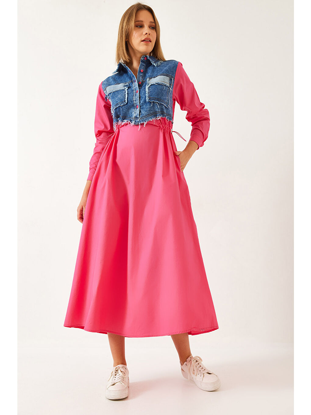 Fuşya Kadın Denim Garnili Uzun Kloş Elbise