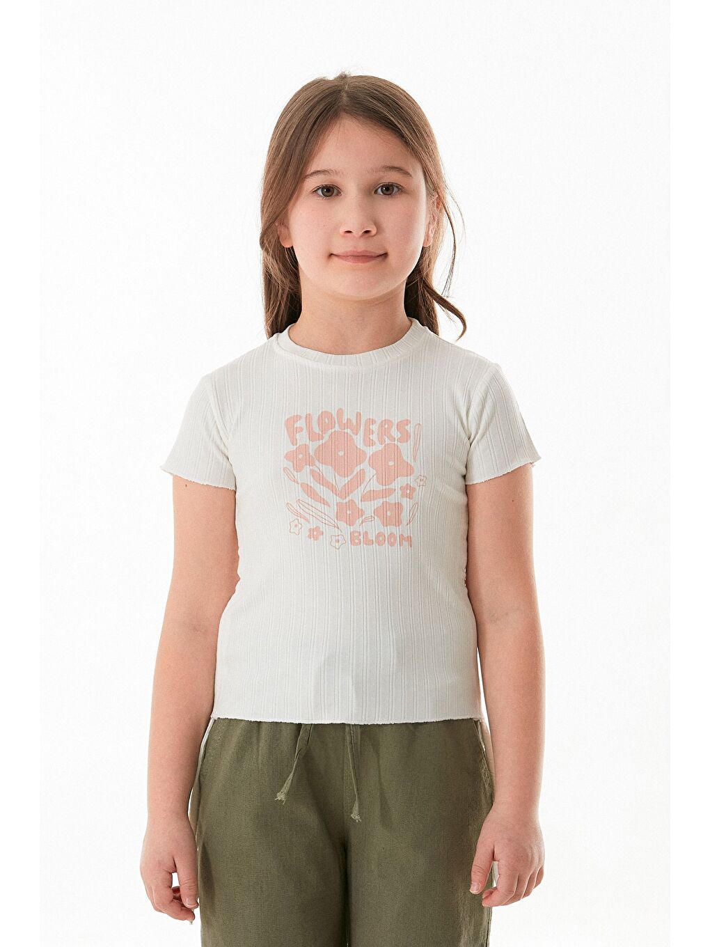 Ekru Yazı Baskılı Yanları Büzgülü Kız Çocuk Tişört-2