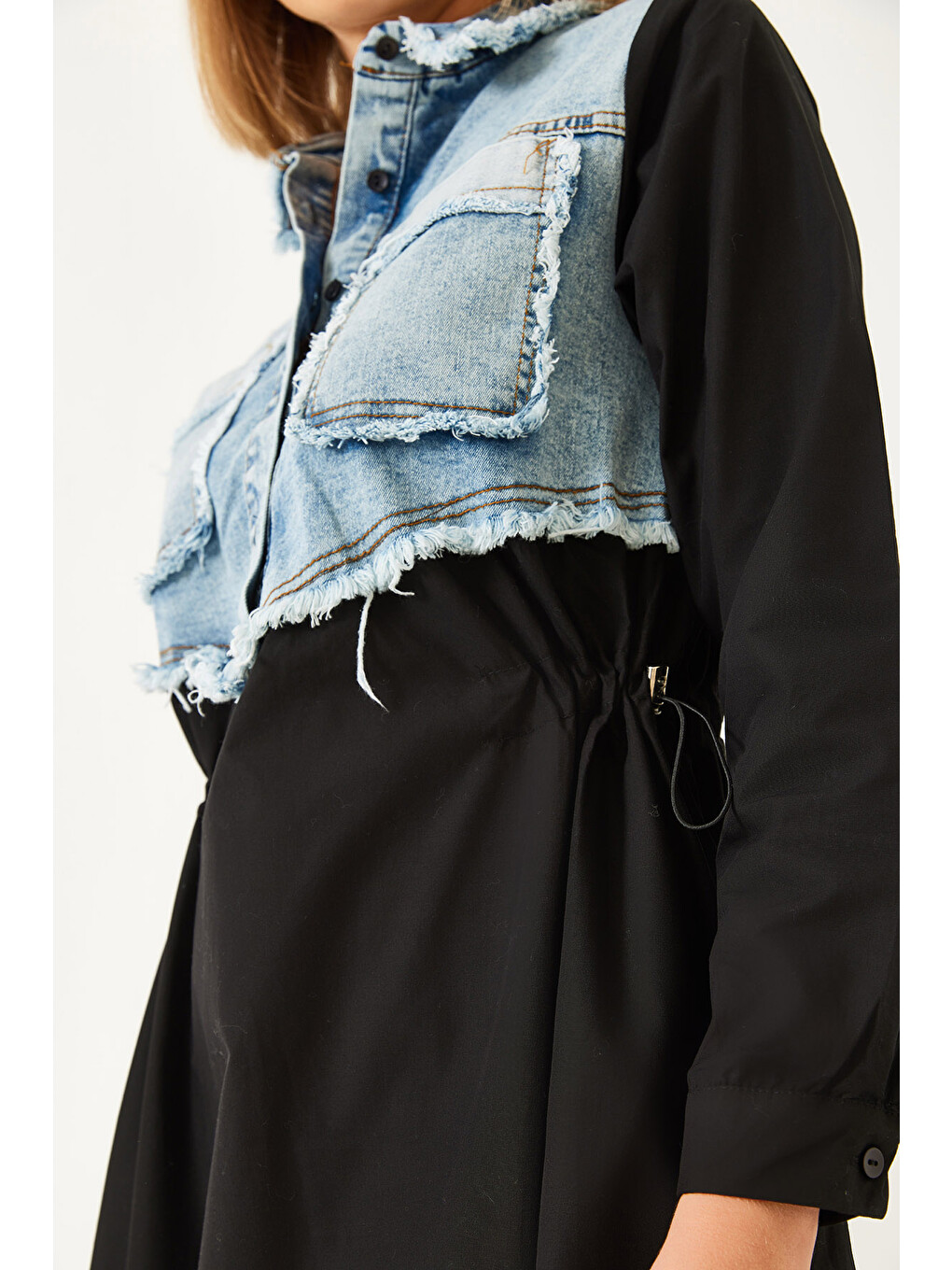 Mavi Kadın Denim Garnili Uzun Kloş Elbise-5