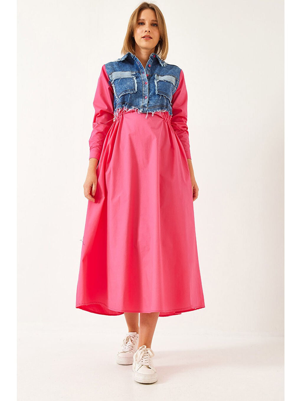 Fuşya Kadın Denim Garnili Uzun Kloş Elbise-1