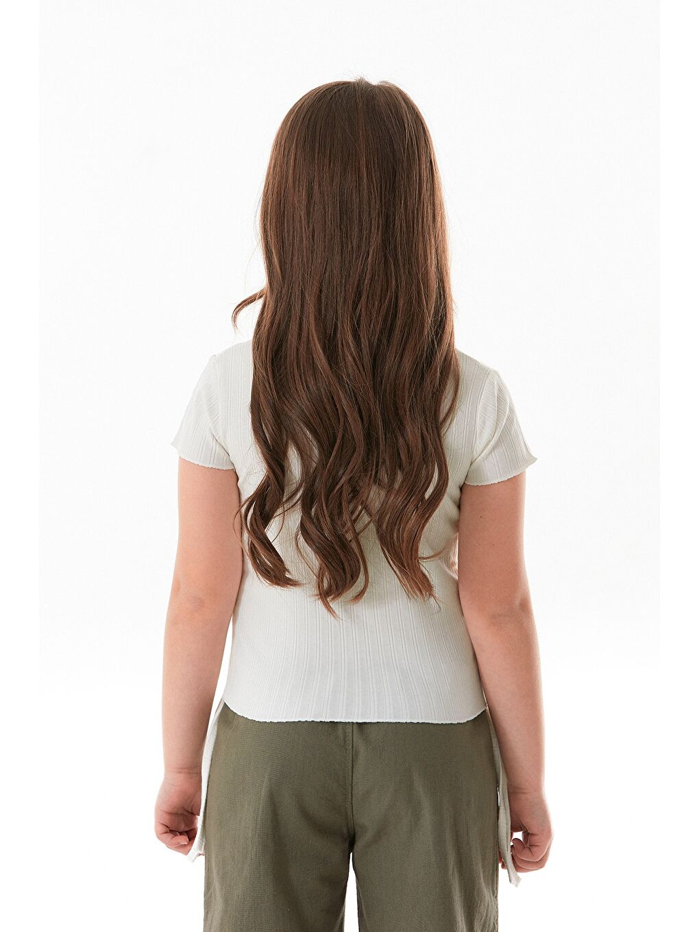 Ekru Yazı Baskılı Yanları Büzgülü Kız Çocuk Tişört-3