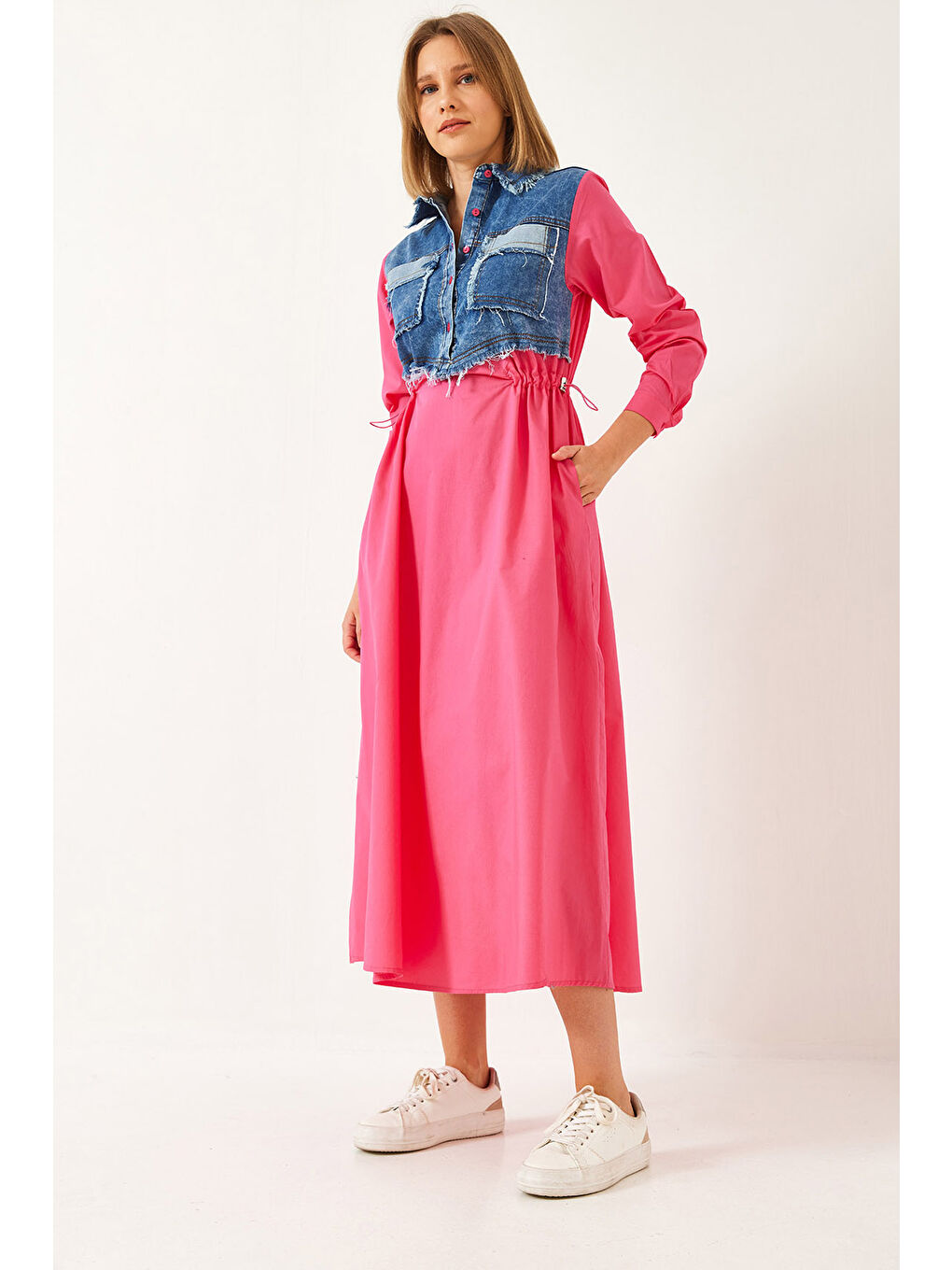 Fuşya Kadın Denim Garnili Uzun Kloş Elbise-2