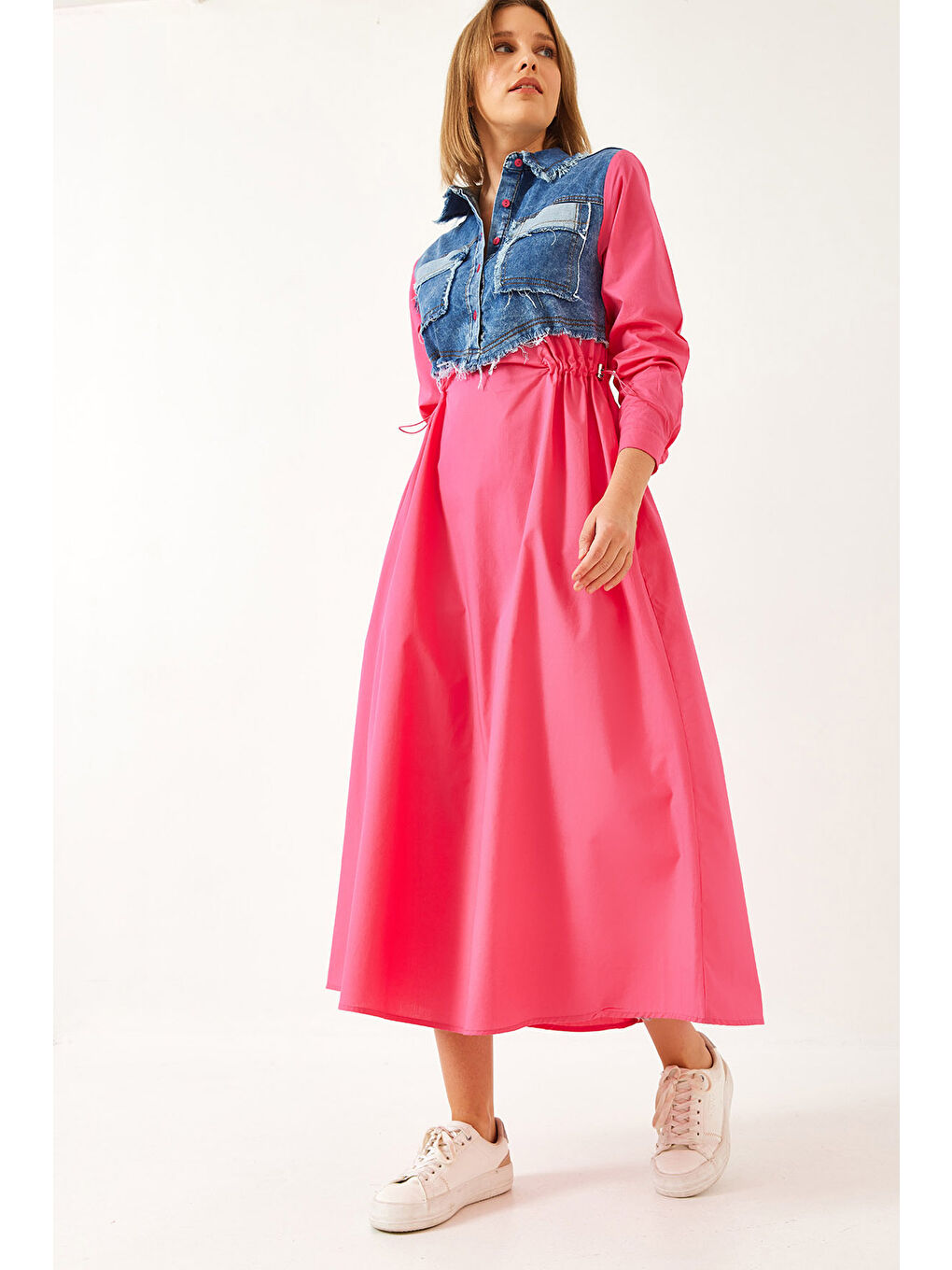 Fuşya Kadın Denim Garnili Uzun Kloş Elbise-3