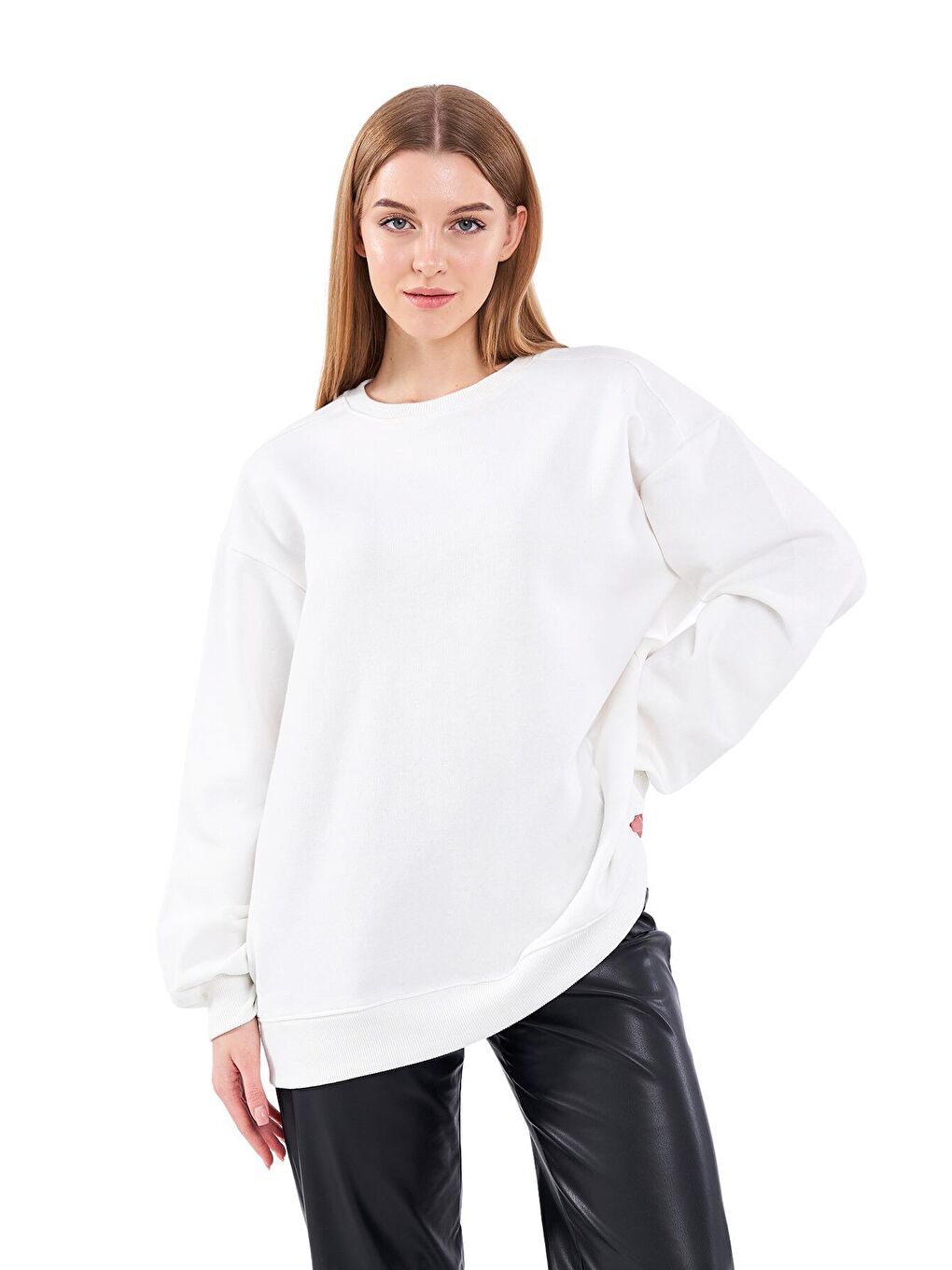 MMETALIC Ekru Kadın Pamuklu Oversize Basic Bisiklet Yaka Sweatshirt