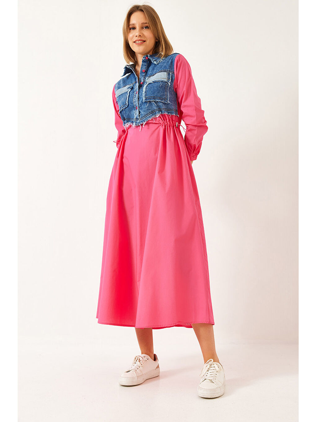 Fuşya Kadın Denim Garnili Uzun Kloş Elbise-4