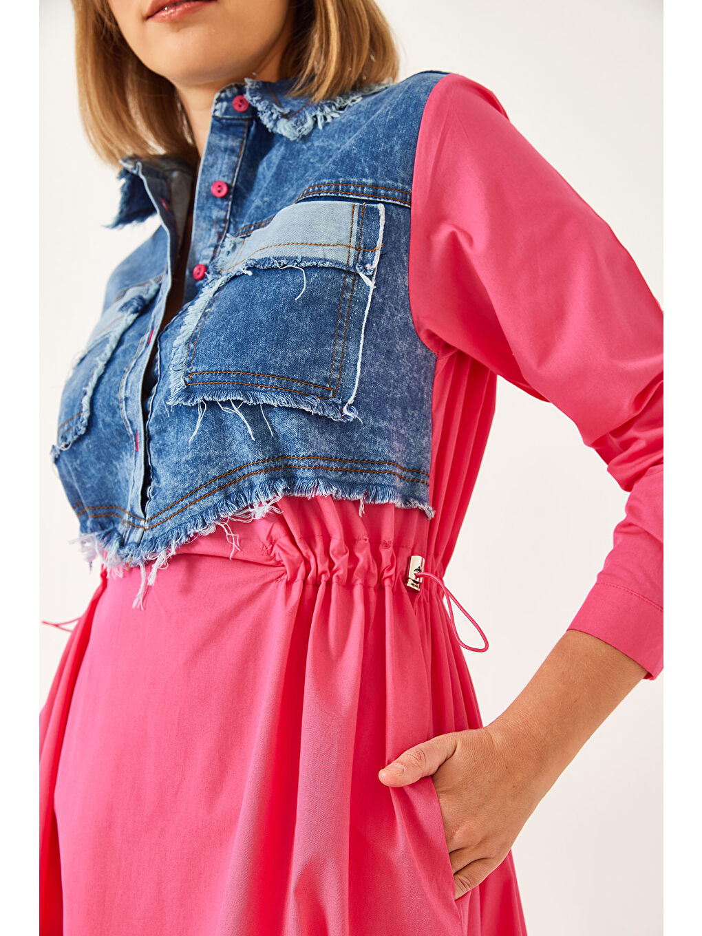 Fuşya Kadın Denim Garnili Uzun Kloş Elbise-5