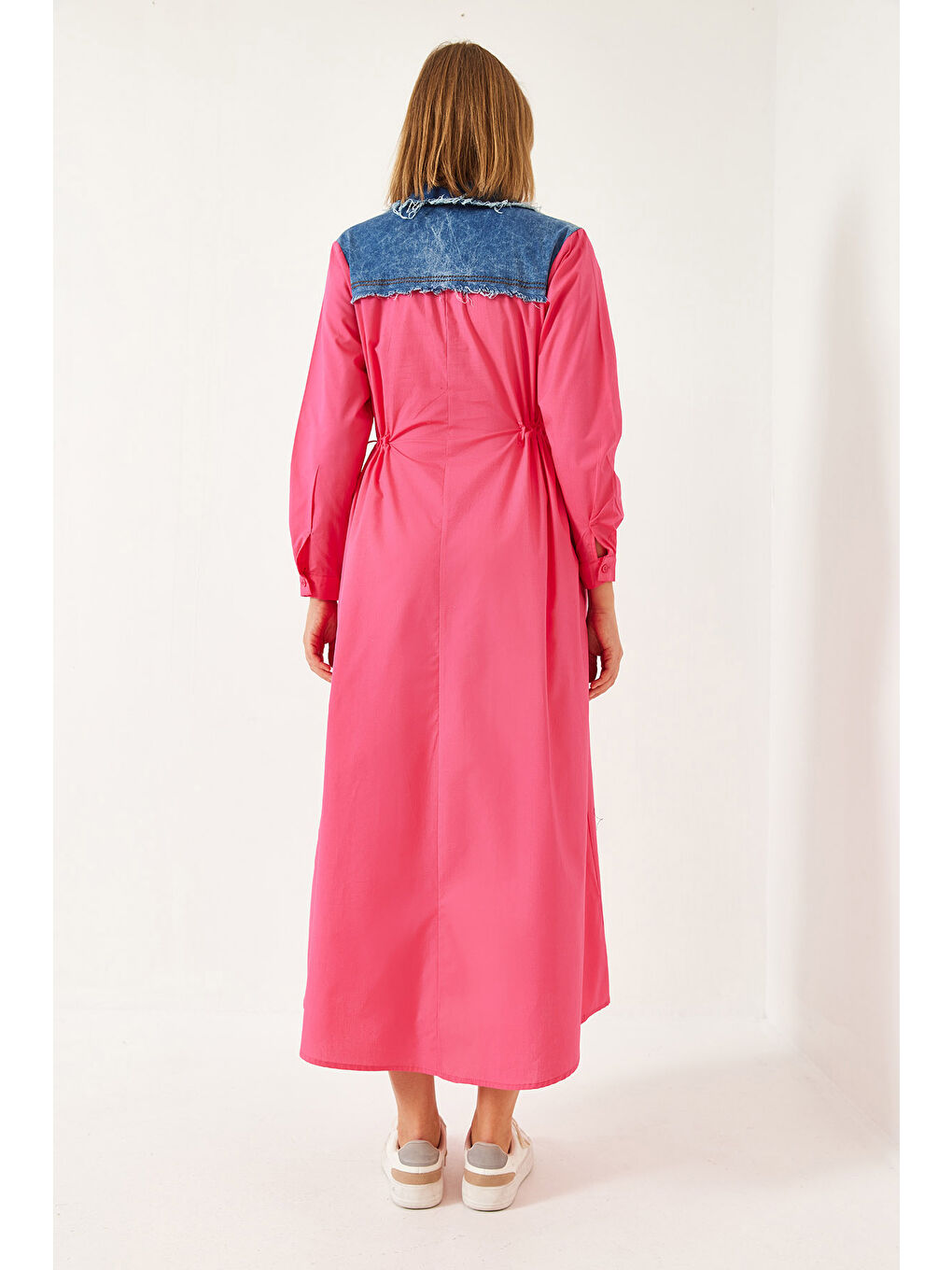 Fuşya Kadın Denim Garnili Uzun Kloş Elbise-6